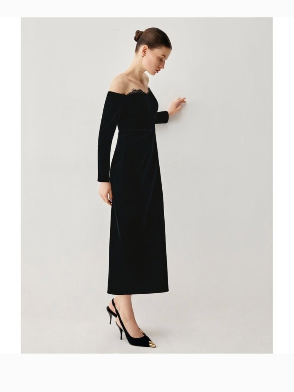 Commense Velvet Off Shoulder Long Sleeve Lace Trim Midi Dress Black New Size XL - Picture 2 of 4